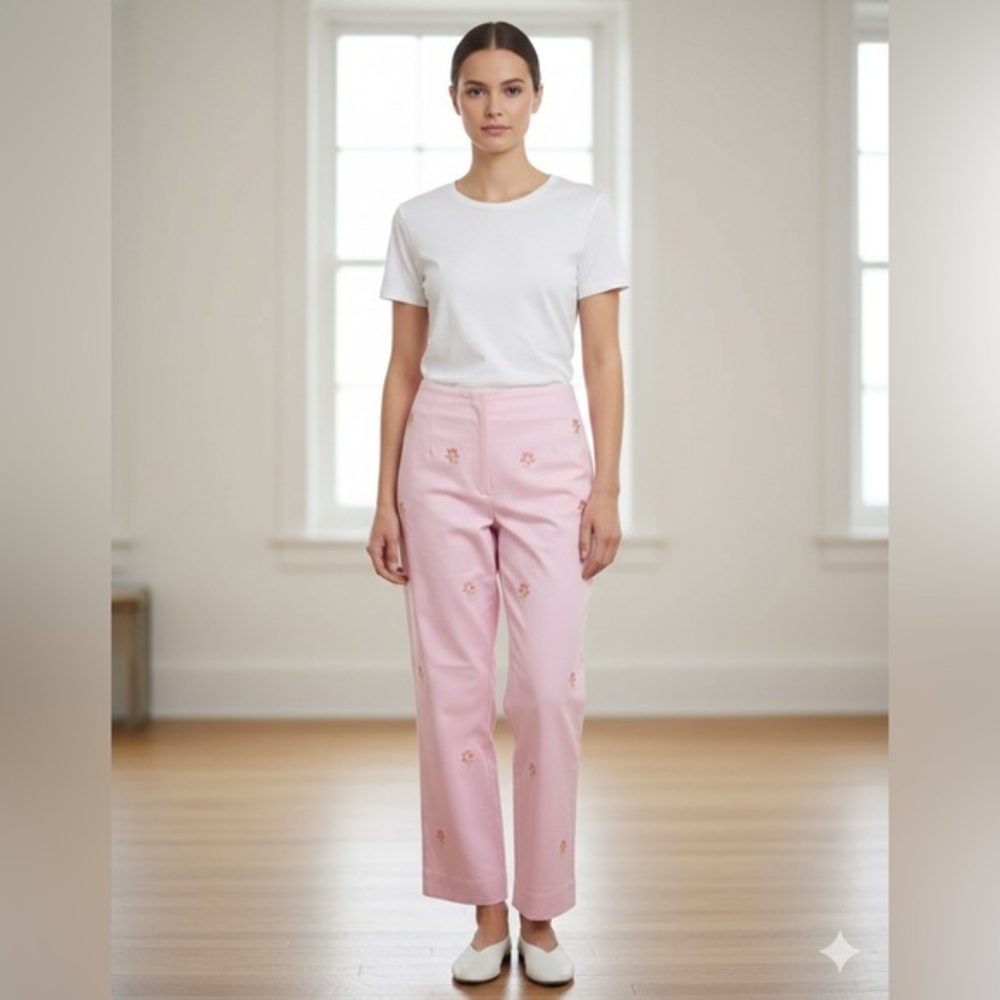NWT Catherine Stewart Women's 6 Pink Embroidered Flower Capri Pant S High Rise